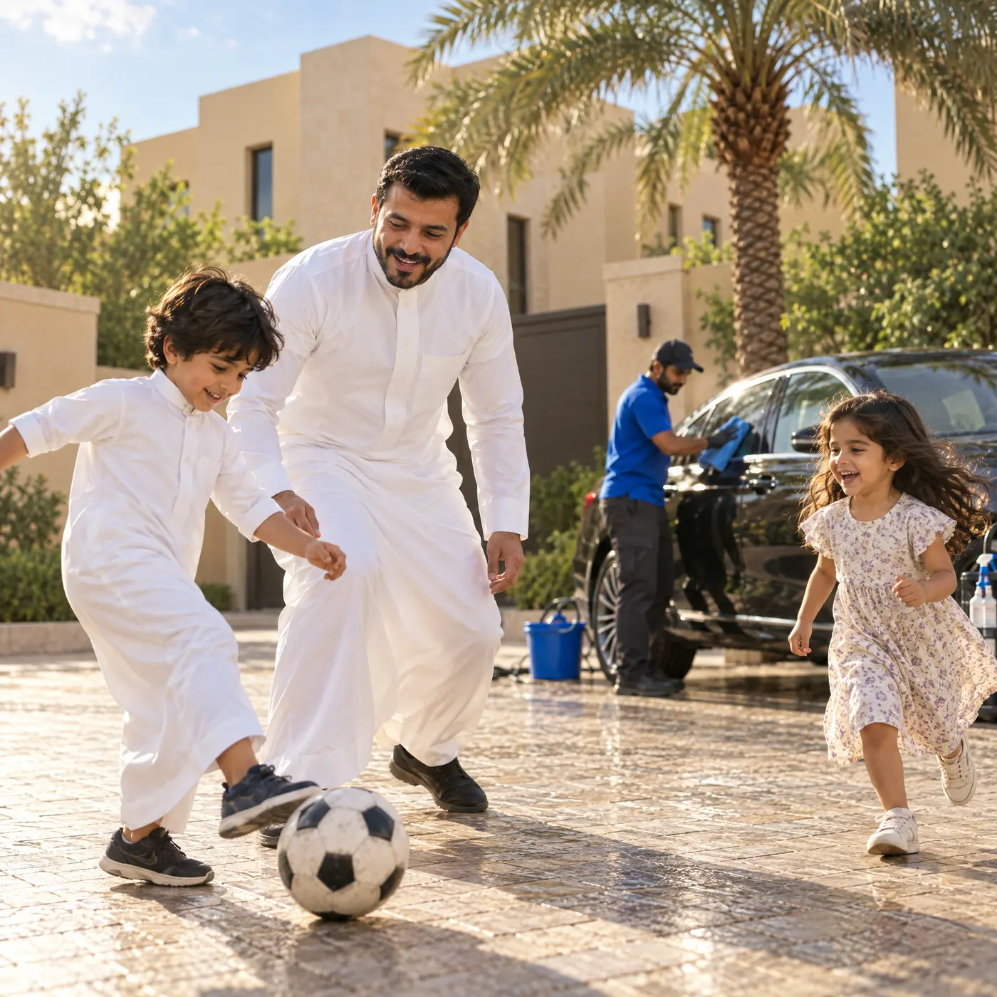 عائلة تلعب قدام البيت وفريق فوم رود يغسل السيارة